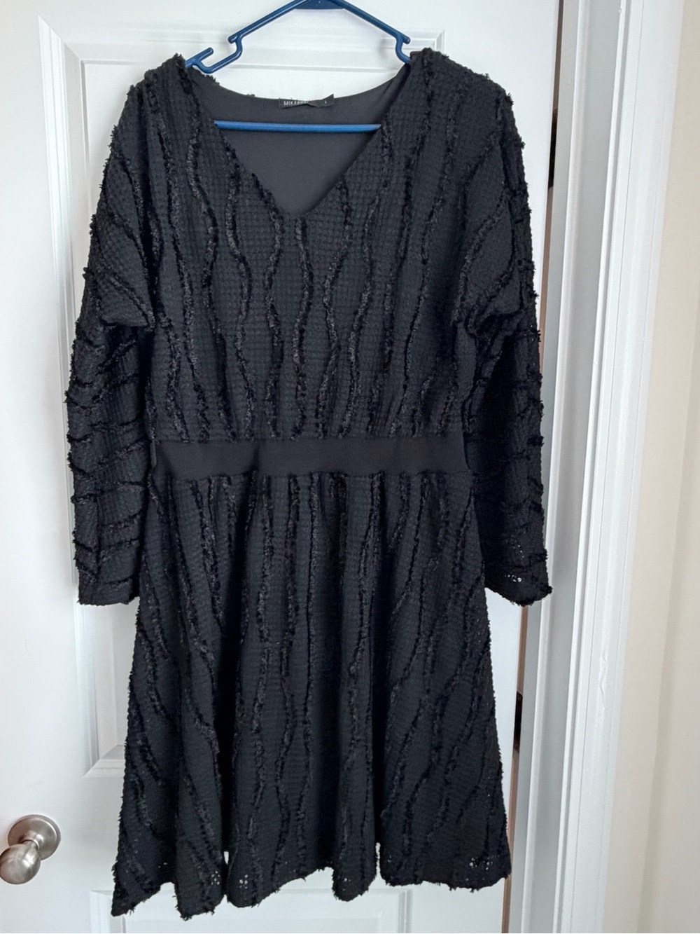 Mikarose Black Textured V-Neck Long Sleeve Fit & Flare Dress
